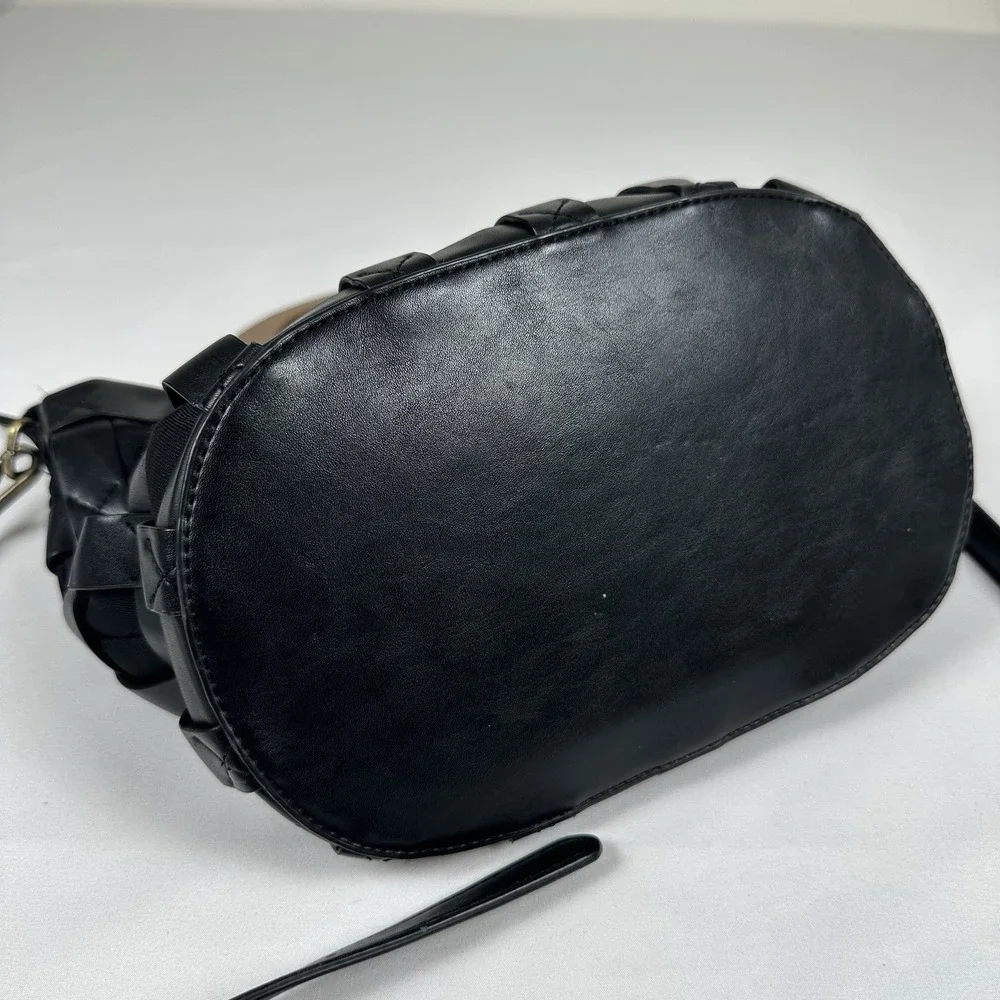 by Anthropologie Black Woven Leather Bag Wood Handle Crossbody Bucket Boho 80s
